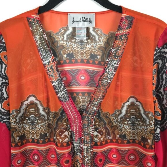 Joseph Ribkoff Bulgaria 🇧🇬 Made Semi Sheer Beaded Rhinestone V neck Top Size 4 - Picture 9 of 14